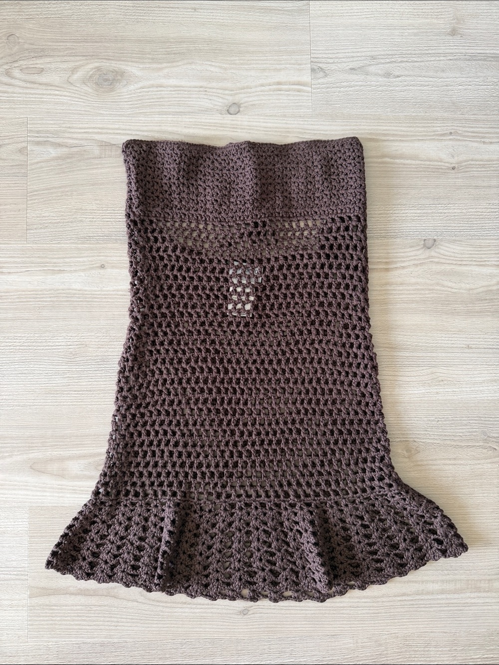 Peppermayo Crocheted Brown Strapless Dress with Flared Hem Coverup